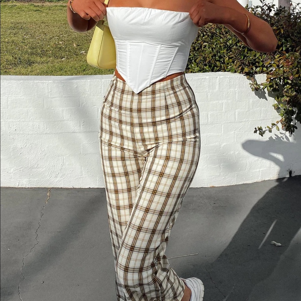 Princess Polly Plaid Pants in Brown and White